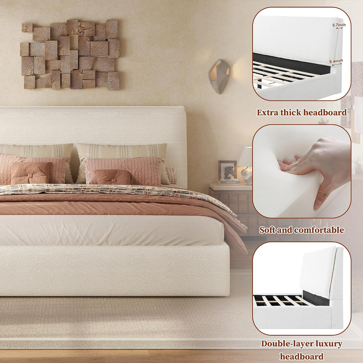 Christopher Knight Home Jamaiya Boucle Upholstered Queen Size Bed Frame with Headboard, Modern Queen Bed Frame and Headboard, Wooden Slats Support, Easy Assembly, No Box Spring Needed, White
