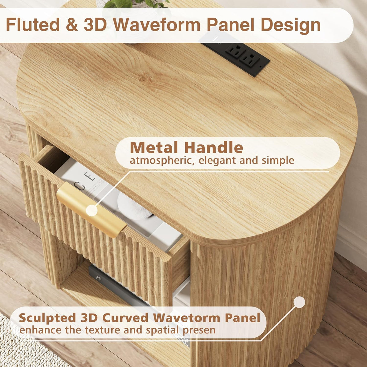 Fluted Nightstand with Charging Station 23.6" Large Round Bedside Table Oak