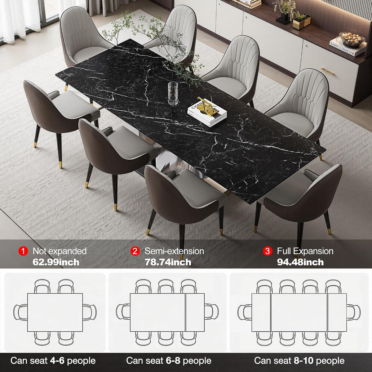 Modern Expandable Dining Table 62.99" to 94.48", 6-10" Marble Look Sintered Stone Rectangular Dining Table with Black Carbon Steel Crescent Legs, Save Dining Room Kitchen Space (Knight Black)