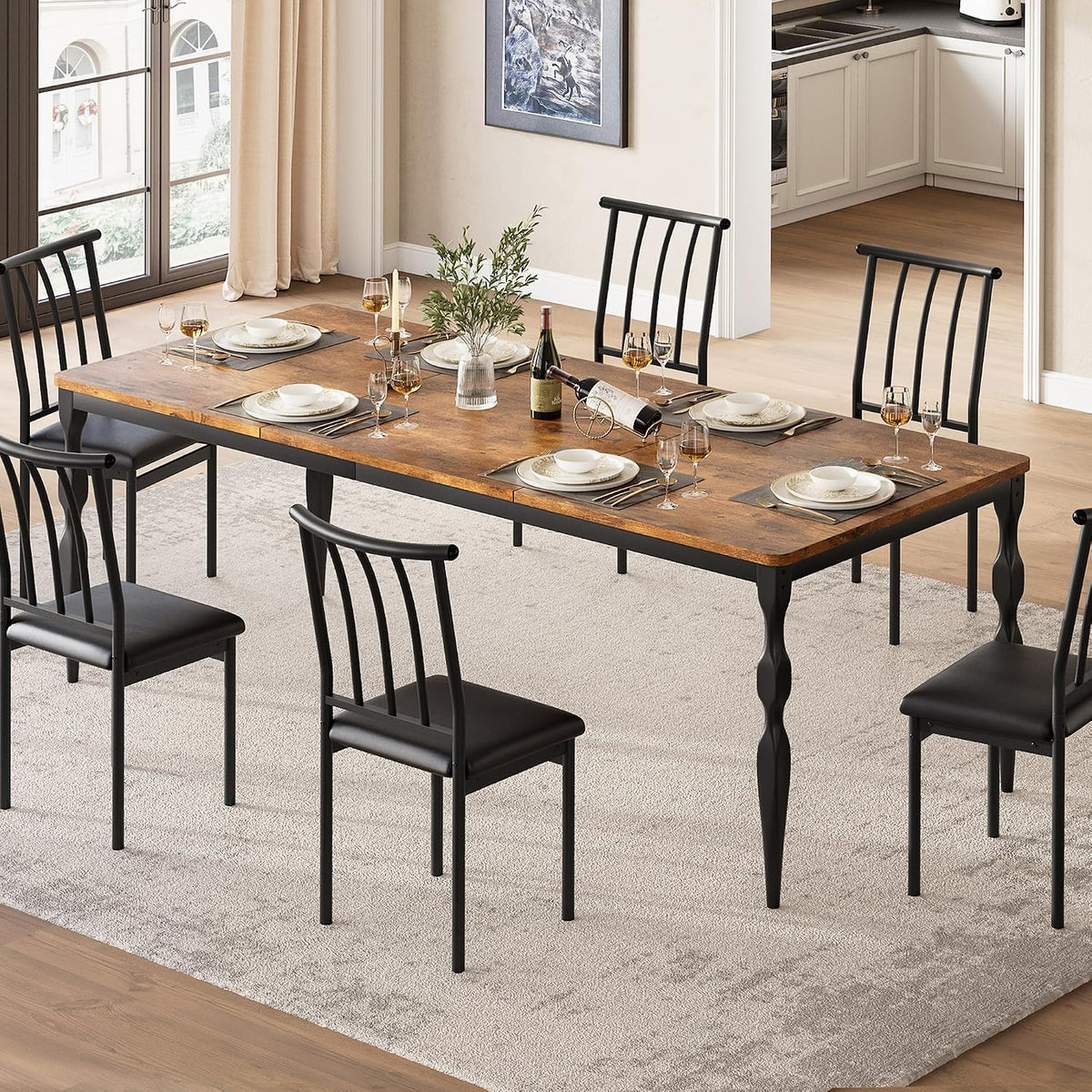 Garvee 79-Inch Modern Farmhouse Dining Table, Large Rectangular Kitchen Table for 6-8 People, Sturdy Wood Top with Unique Legs, Scratch-Resistant Dining Room Furniture for Party, Big Family, Brown