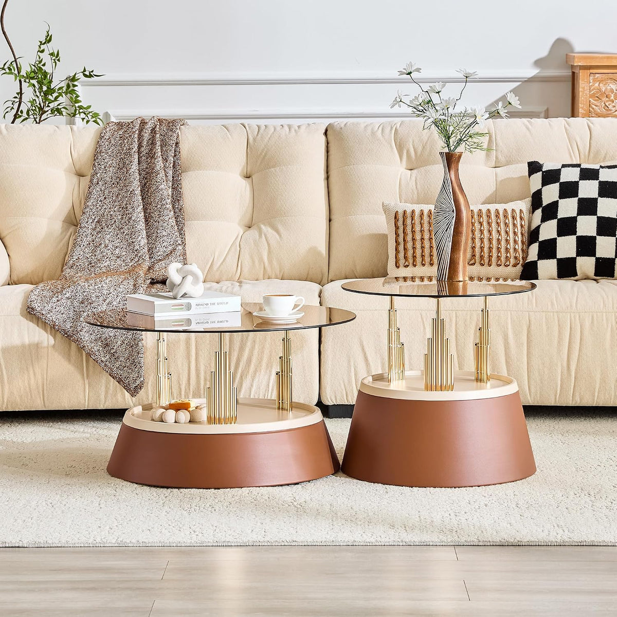 2-Piece Nesting Coffee Table Set, Brown and Gold Metal, Round Side Tables | Nesting Design, Set of 2, Round Side Tables, Metal Frame, Brown & Gold Finish