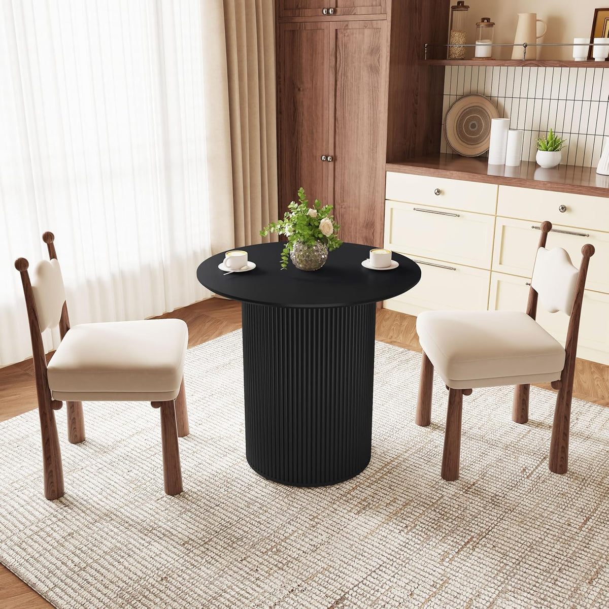 31.5 inch Round Dining Table for 2, Farmhouse Wood Fluted Dinner Round Kitchen Table with Wood Fluted Base, Mid-Century Modern Small Circle Dining Room Ta ble for Kitchen Living Room (Black)