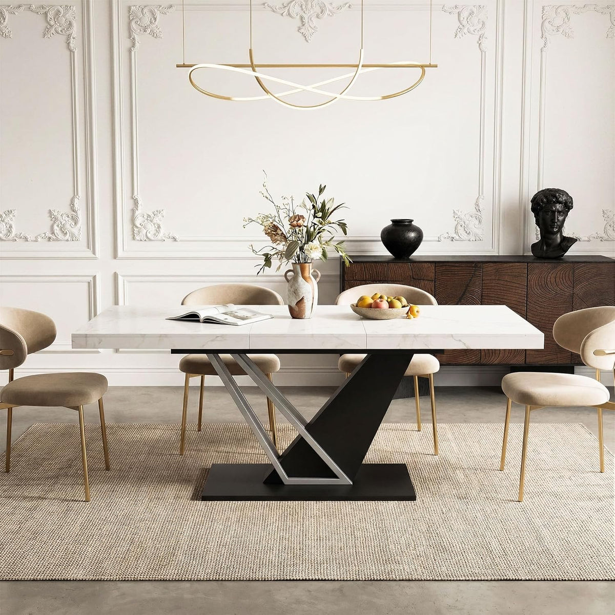 COSIEST 59'' to 78.7'' Extendable Dining Table for 4-8, Faux Marble Expandable Kitchen Table with Sturdy Metal Base, Rectangle Dinner Table for Small Space, Dining Room, Living Room, White