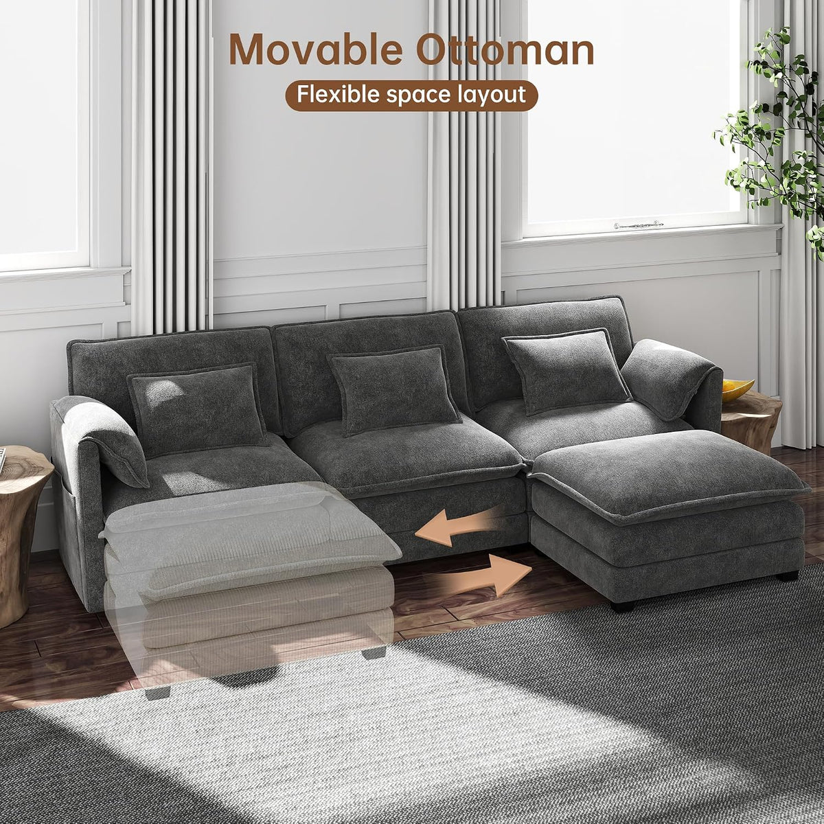 Modular Sectional Sofa, 111'' U Shaped Couch, Chenille Sofa with Movable Ottoman for Apartments, Living Room and Commercial Space, Dark Gray