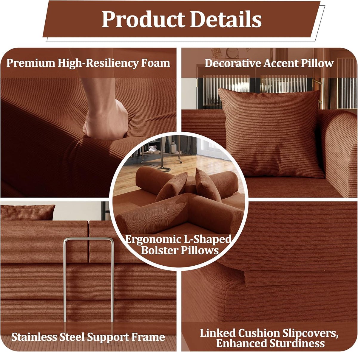 53.15'' Convertible Compressed Corduroy Folding Cloud Sofa Bed, Modern Pull Out Loveseat Sleeper in a Box, 4 in 1 Floor Mattress Futon Cloud Couch, No Assembly Needed, Orange, Pillows, Full