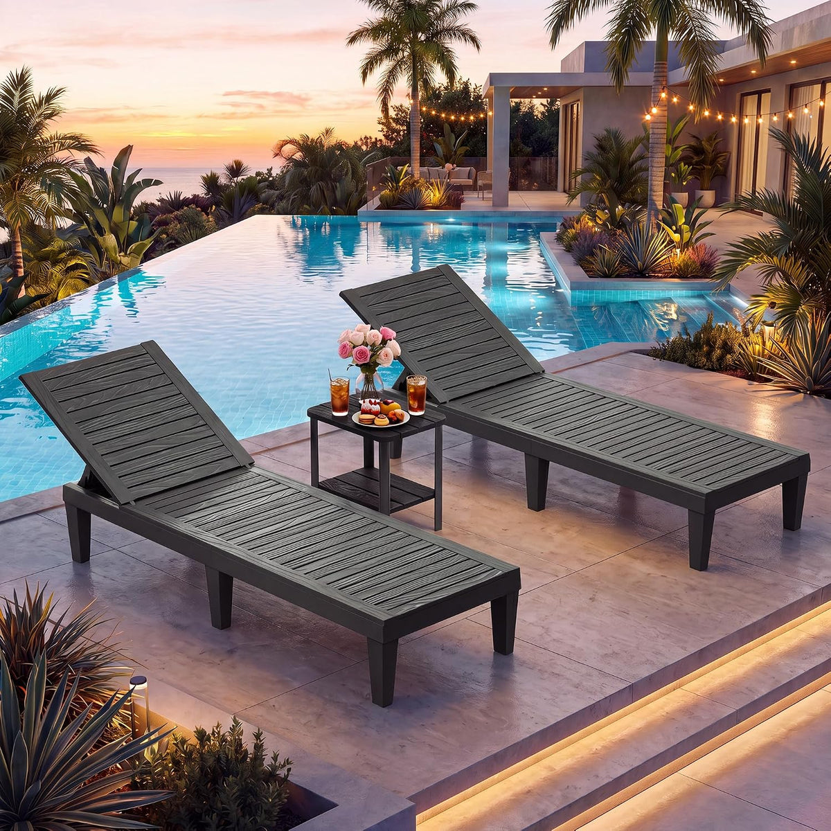 NUNU LAB Outdoor Chaise Lounge Chairs Set (Black, 2pcs) | 5-Positions Adjustable, HDPE Resin, All-Weather, Ideal for Patio, Garden, Poolside, Beach. Sunbathing Recliner, Tanning Chair
