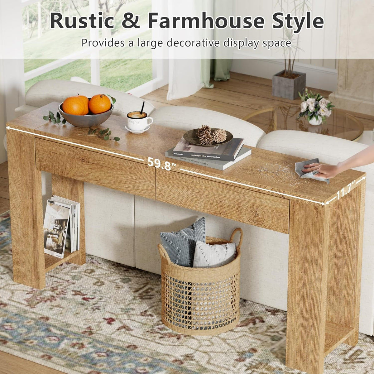 Furologee 60 inch Long Entryway Console Table with Drawers, Farmhouse Sofa Table Behind Couch, Entrance Accent Table for Hallway, Living Room, Foyer, Bedroom, Wooden Thick Tabletop (Natural)