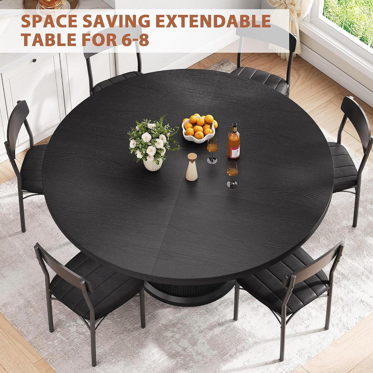 Jocoevol Extendable Round Kitchen Dining Room Table for 4-6 with 2-Tier Storage Shelf, 63'' Space Saving Expandable Wood Oval Circle Dinner Furniture with Pedestal Base(Black)