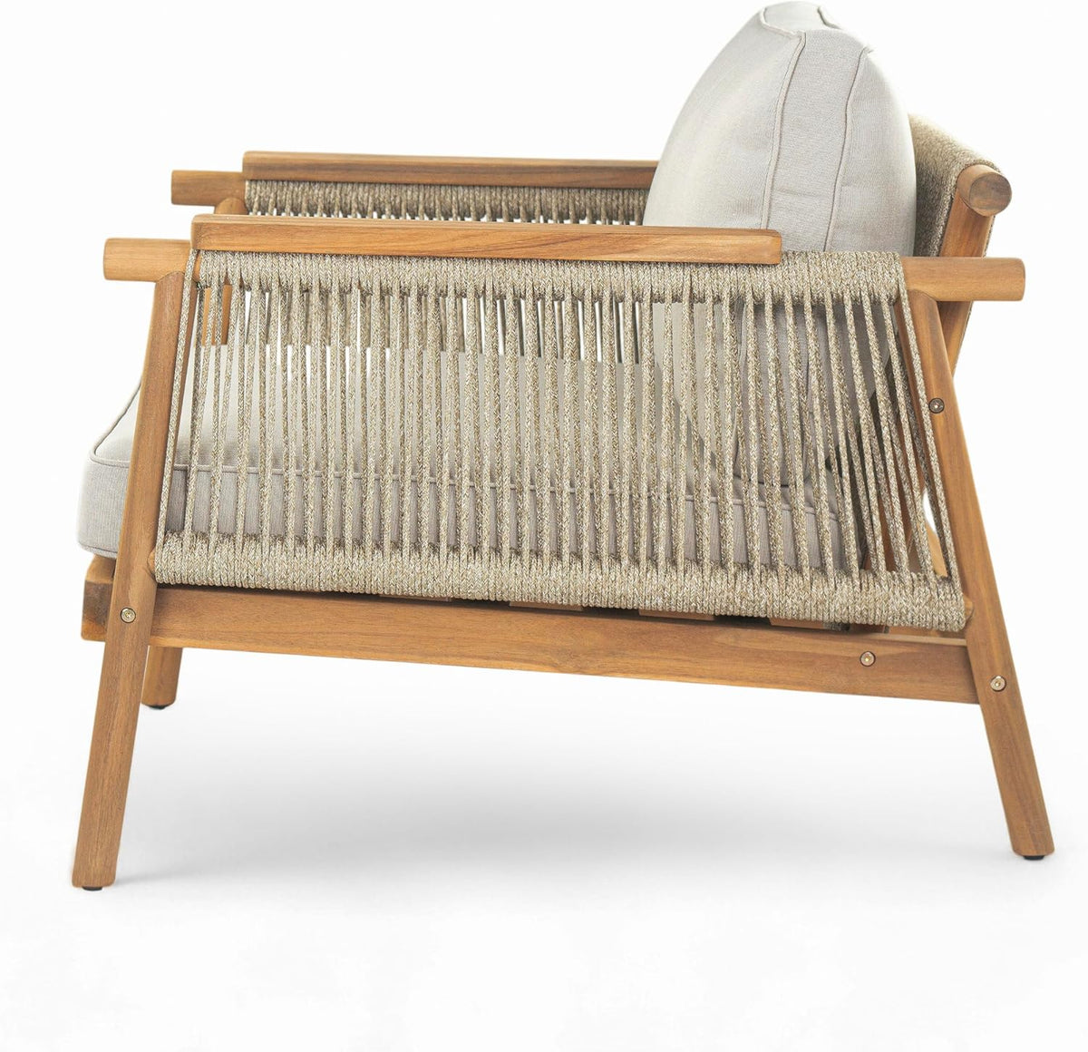 Merax Outdoor Acacia Wood Lounge Chair w/Cushions Set of 2, Patio Club Chair with Rope & Sturdy Wood Legs, All-Wearther Singe Sofa Chair for Porch, Lawn, Backyard, Balcony, Teak+ Beige