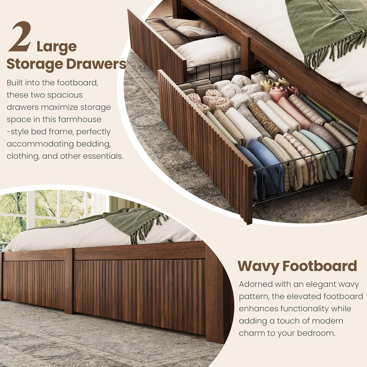 CypBed Queen Size Bed Frame with Headboard and 2 Storage Drawers, Walnut