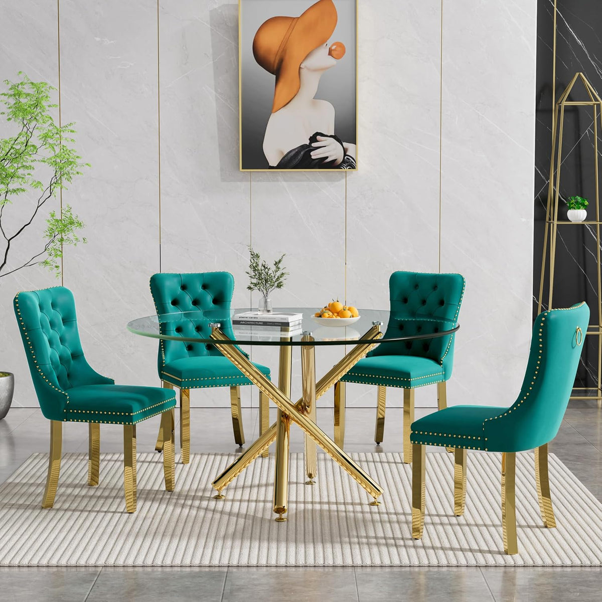 Round Glass Dining Table Set for 4, Small Kitchen Table Set for 4, 47" Circle Gold Glass Dinner Table for 4 with Green Velvet Chairs, 5 Piece Dining Room Table Set for 4 for Breakfast Dinette Cafe