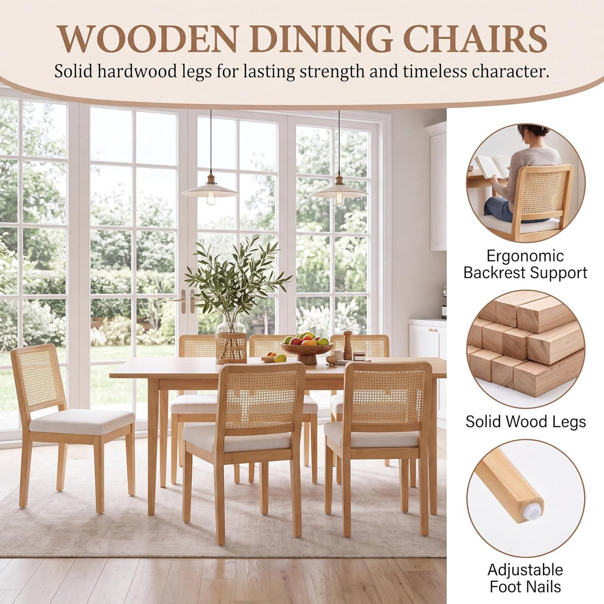 HNY Modern Farmhouse Rattan Dining Chairs Set of 4 Beige Chenille Upholstered Dining Room Chair with Cane Back Mid Century Natural Wood Kitchen Chairs, Boho Accent Wicker Woven Chairs for Living Room