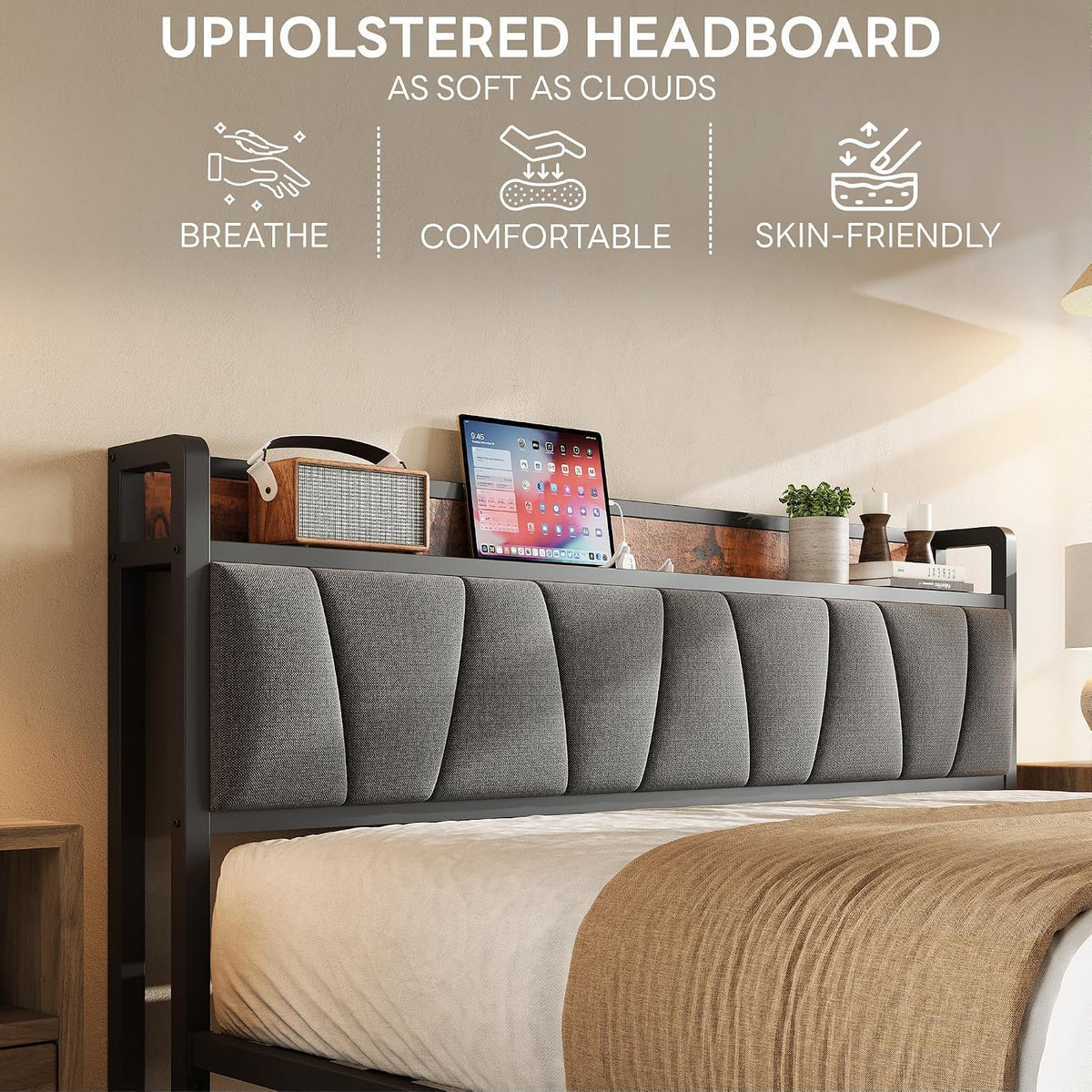 LIKIMIO Queen Size Bed Frame with Storage Headboard and Charging Station