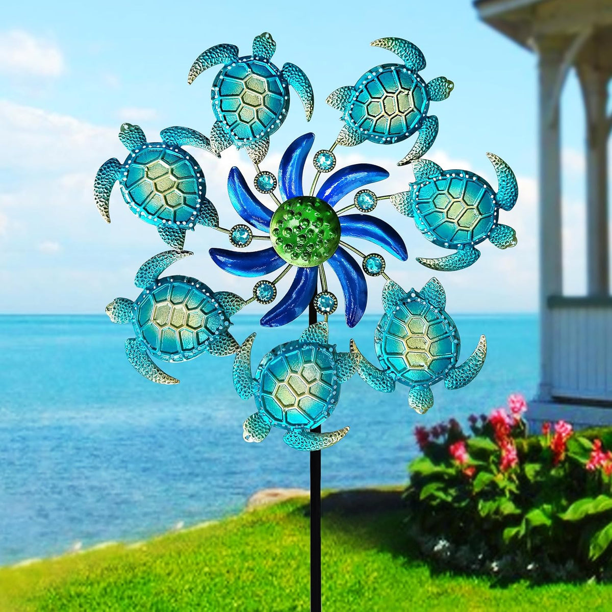 Green Sea Turtle Wind Spinners Garden Stake, 39" Turtles Wind Spinner Outdoor Decorations- Metal Outside Lawn Stake Wind Sculptures for Yard Patio,Lawn & Garden Art Decor