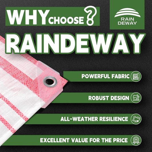 RAINDEWAY Tarps 12x14 Feet,12 Mil Sunshade Striped Tarp Waterproof,Multipurpose Poly Tarp Cover with Grommets and Reinforced Edges,Red/White Tarps