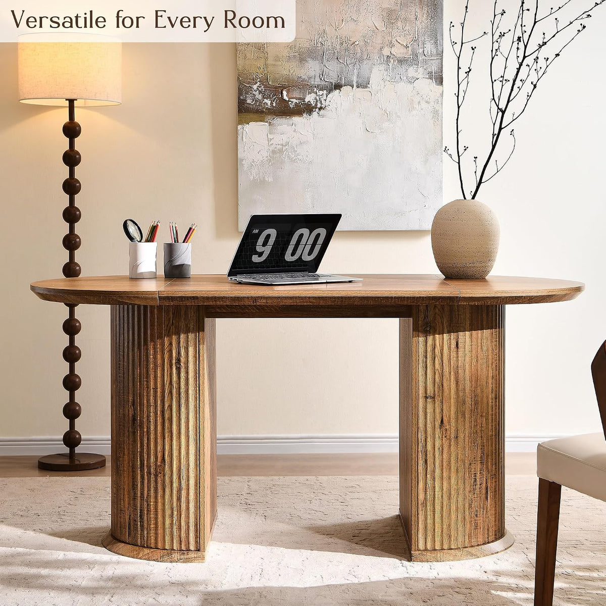 T4TREAM Fluted 63" Oval Dining Table for Kitchen Living Room, Rustic Brown