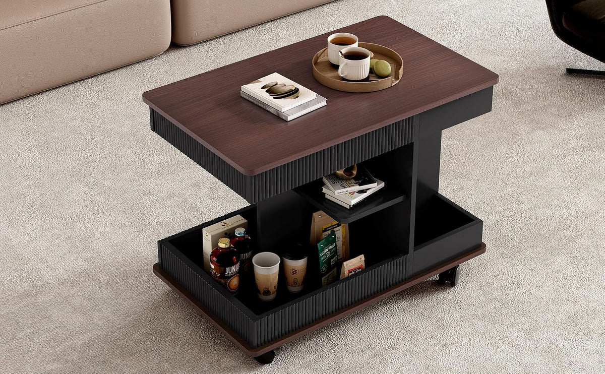 Adjustable Side Table with Wheels, 360° Rotating Lift-Top & Storage, Modern Bedside/Sofa Rolling Table for Small Spaces, Living Room Use, Black