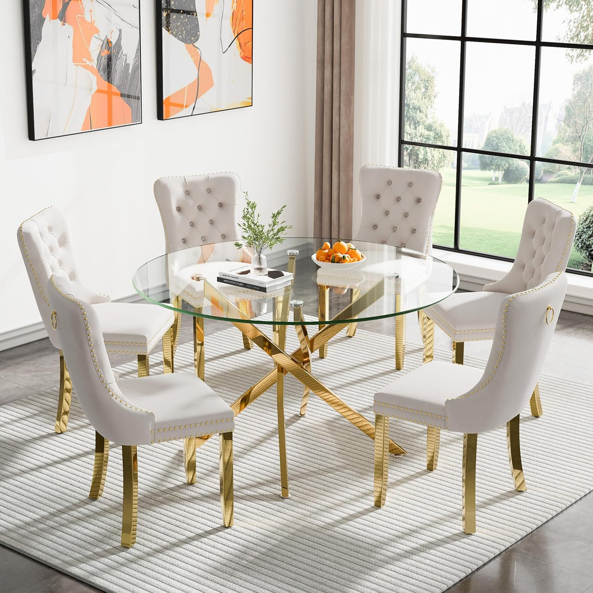 47" Round Glass Dining Table for 4-6, Circle Kitchen Table with Tempered Glass Top & Gold Metal Cross Legs, Modern Glass Dinner Table for Kitchen Dining Room Small Apartment