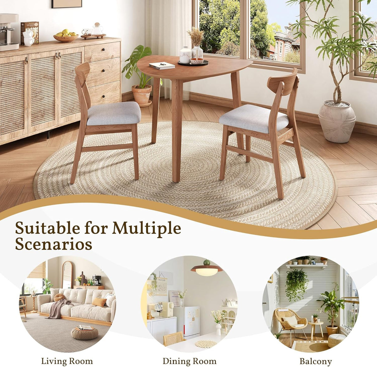 P PURLOVE Modern 3 Piece Table Set, Triangular Table and 2 Curved Wood Chairs for Living Room, Dining Room, Kitchen, Small Space, Minimalist Space-Saving (Light Brown)