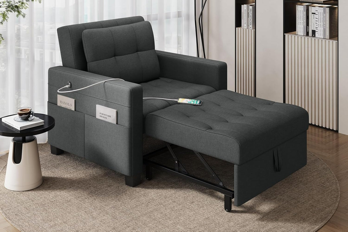 Yaheetech Convertible Futon Sofa Bed 3-in-1 Sleeper Chair Bed Tufted Couch with Adjustable Backrest, 2 USB Ports for Living Room Bedroom Small Space, Dark Gray