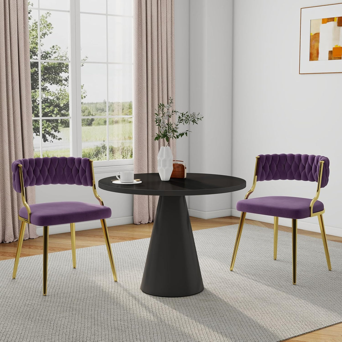 Velvet Dining Chairs Set of 2, Upholstered Dining Chair for Living Room, Modern Woven Kitchen Side Seats with Golden Legs, Great for Bedroom Kitchen Vanity - Purple