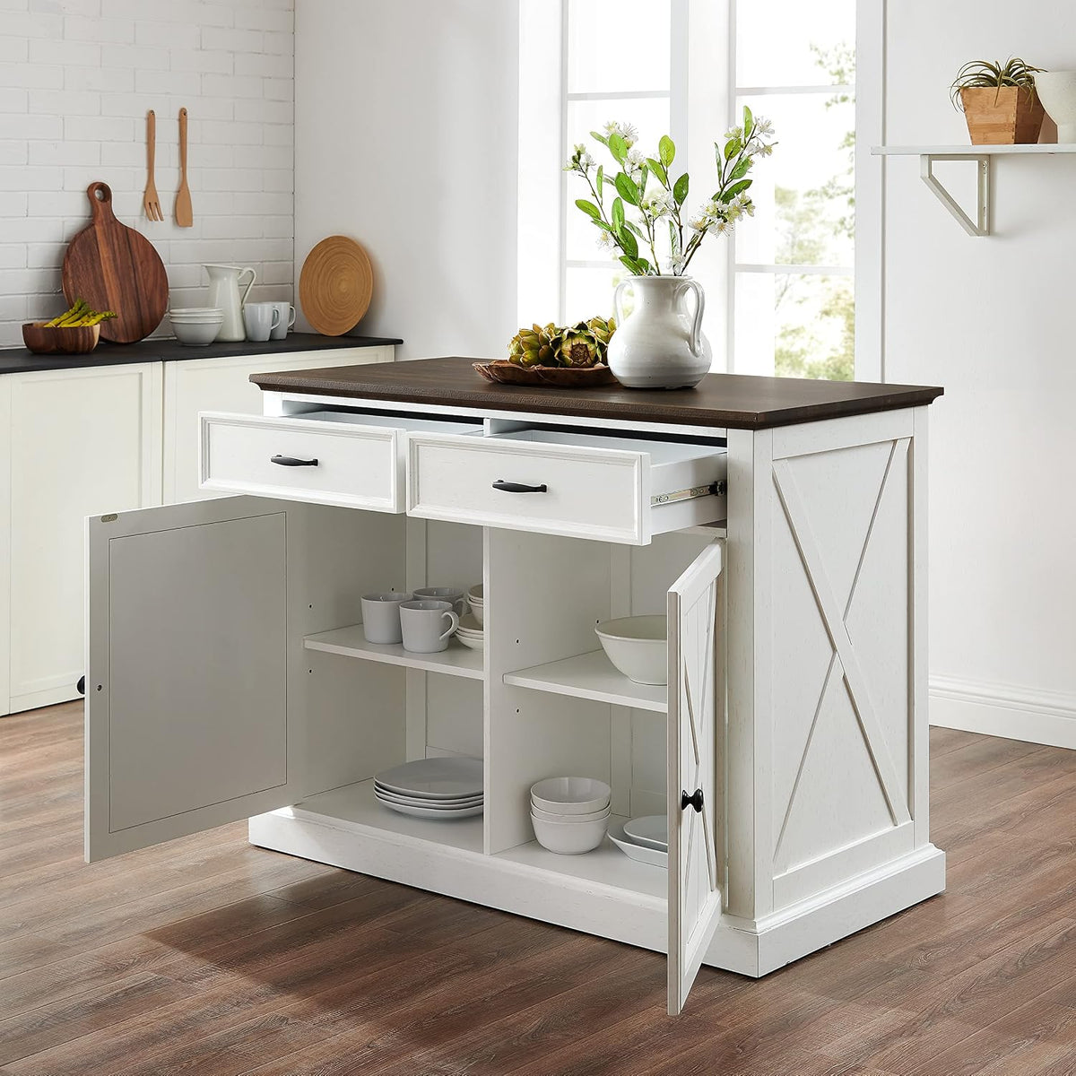 Crosley Furniture Clifton Kitchen Island with Storage Drawers and Shelves, Microwave Stand, Coffee Bar, Distressed White/Black