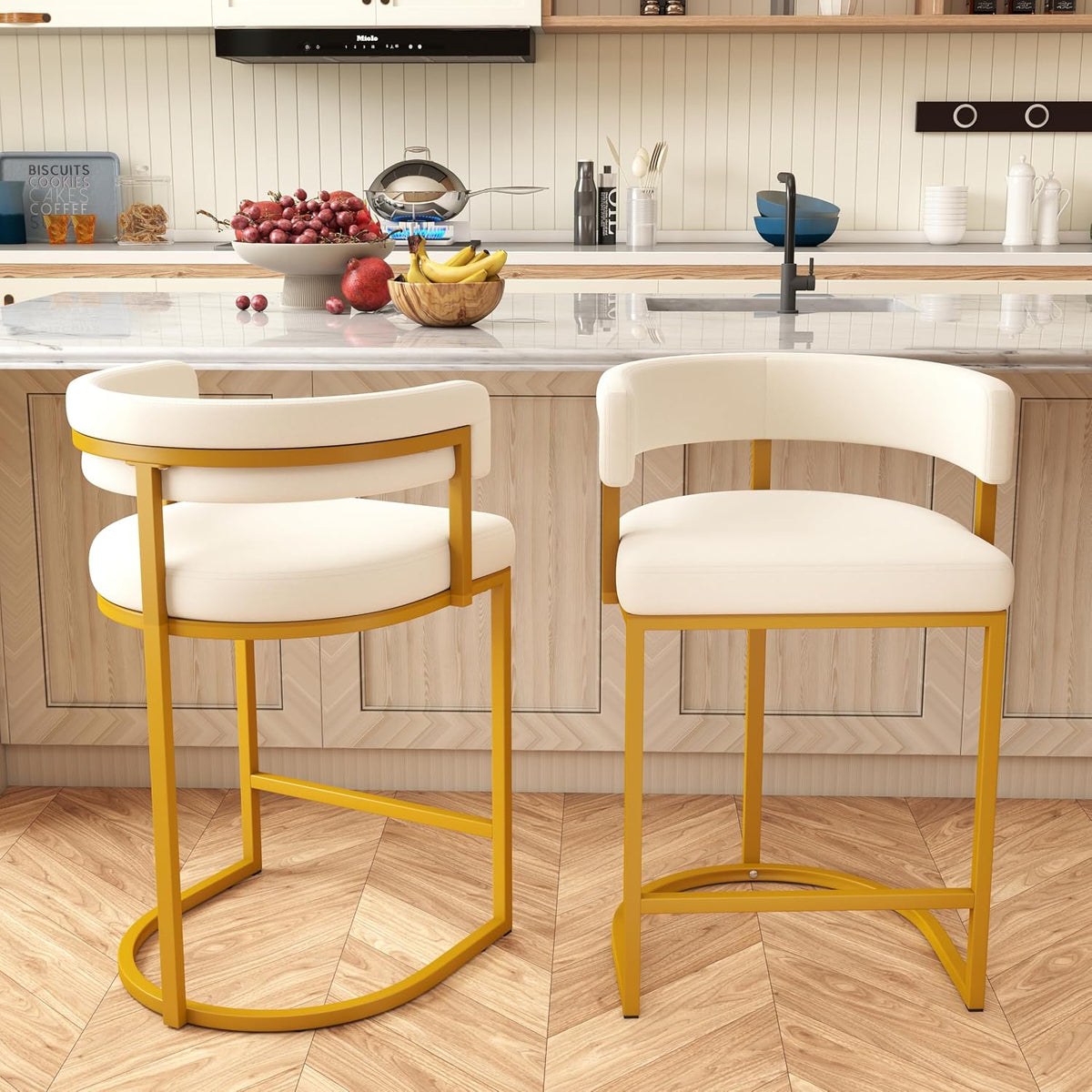 Modern Barrel Bar Stools Set of 2, 24" Velvet Counter Height Stools with Comfy Back and Arms, Sherpa Upholstered Kitchen Island Chair for Home Bar, Ivory