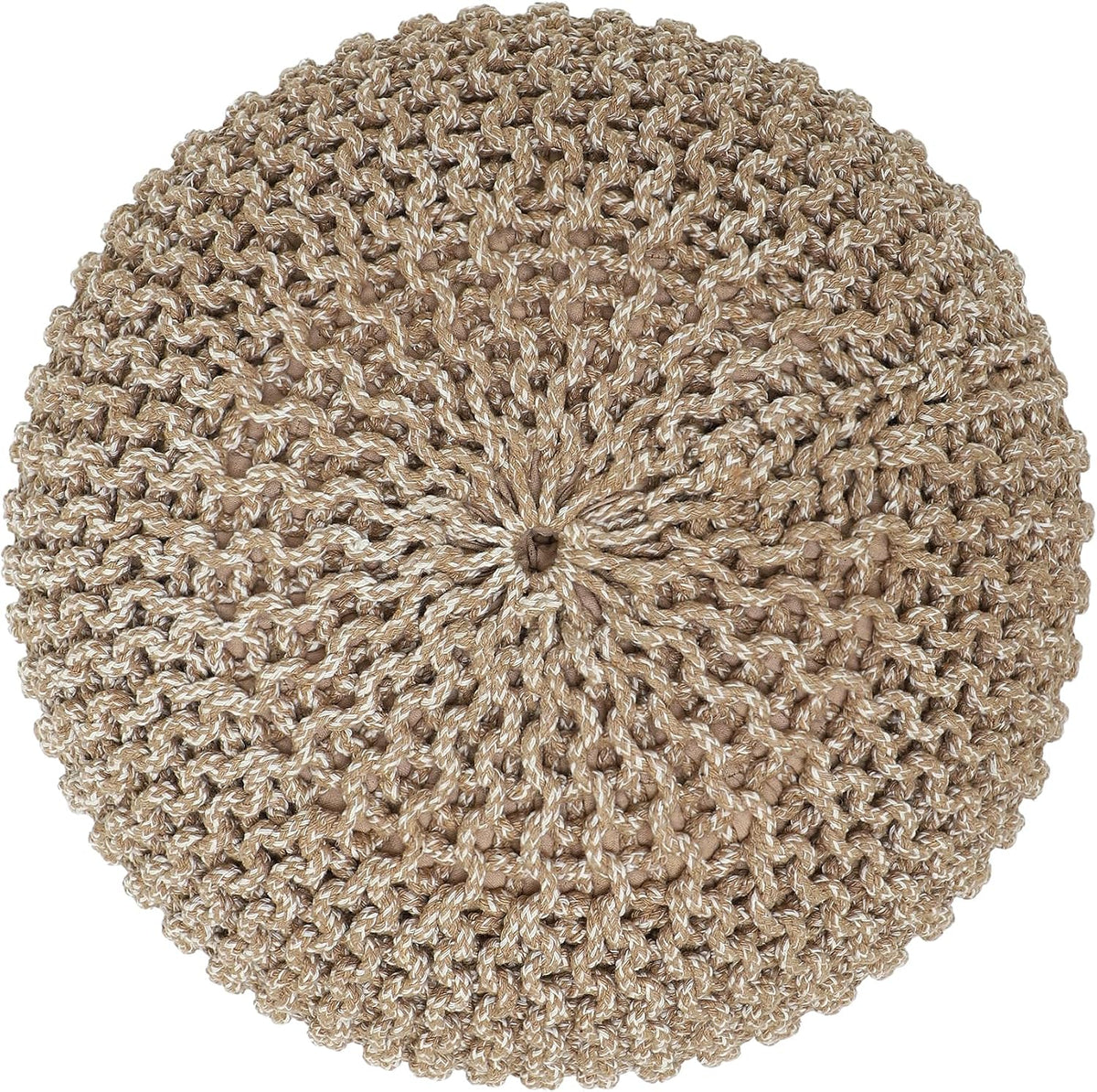 · REDEARTH · Round Pouf Ottoman - Hand Knitted Boho Poof - Beige Ivory