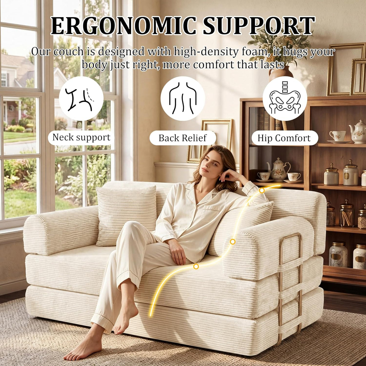 BSHOMGI Convertible Sofa Couch Bed, Folding Corduroy Floor Compression Loveseat Sleeper with Fixed-Shape Frame, King Size Sofas for Guest Room Living Room No Assembly Required (Includes 2 Pillows)