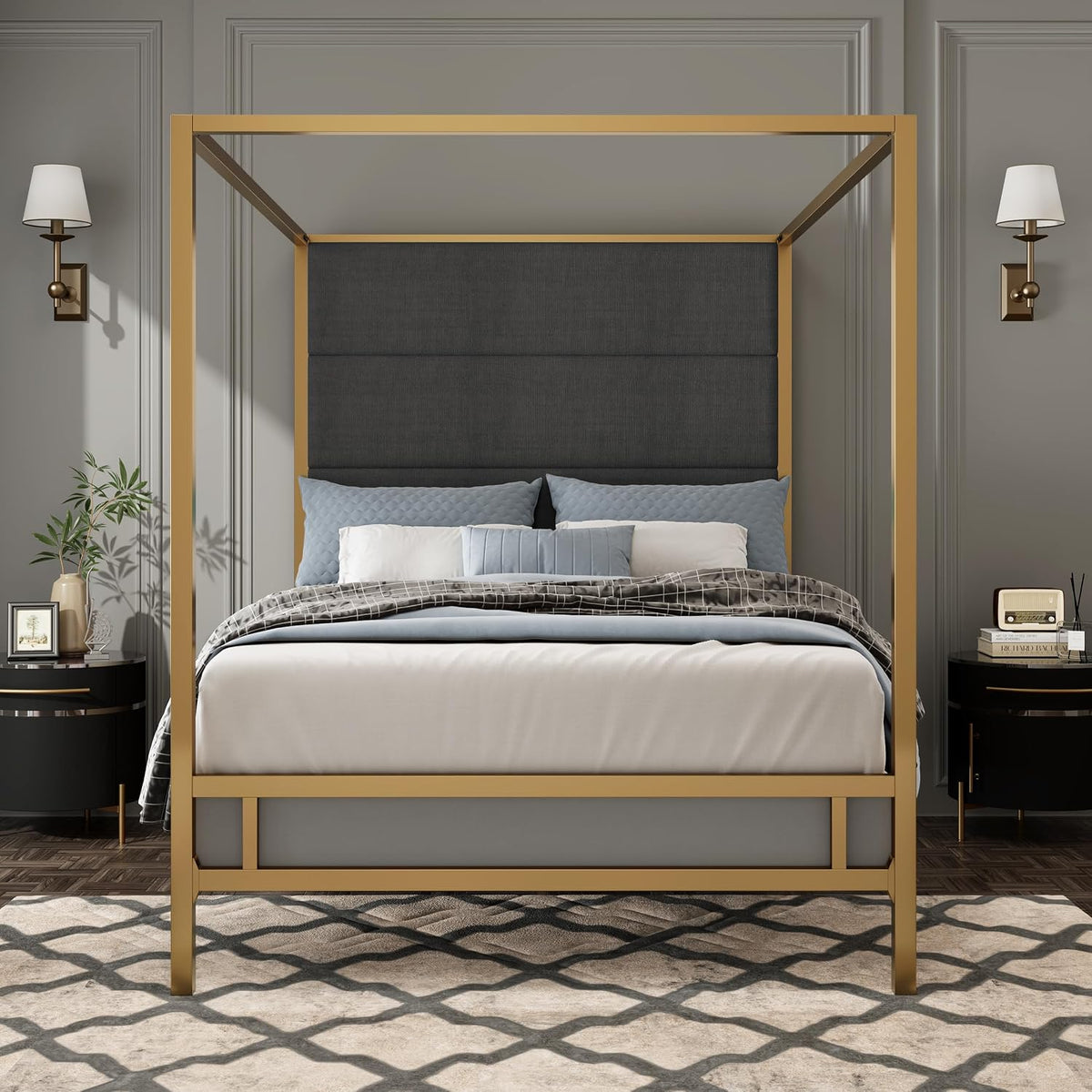 King Size Modern Gold Canopy Bed with Tall Headboard(Dark Gray+Gold, King)