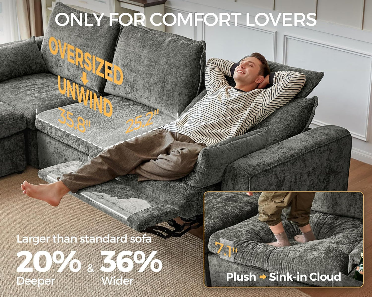 138.6'' Oversized Power Recliner Sofa with Headrest, Modular Cloud Sectional Couch with Convertible Table, Charging, Drawer, Cup Holder, 4-Seater with Storage Ottoman, Chenille, Grey