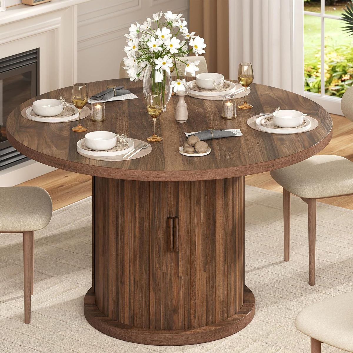 knoworld 47" Round Dining Table for 4-6, Modern Fluted Pedestal Kitchen Table with Hidden Storage, Walnut Wood Circle Dinner Table for Dining Room & Small Spaces, Walnut