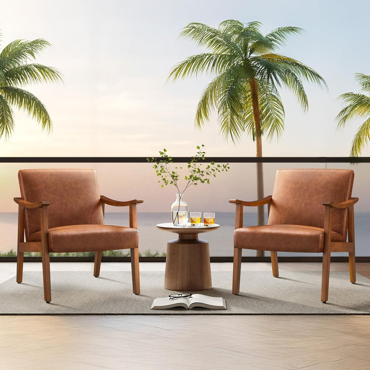 Yaheetech Accent Chairs Set of 2, Mid-Century Armchairs, Light Brown | Cushioned Club Chairs with Supportive Sloped Backrests and Sturdy Wood Arms Fit Small Living Rooms, Offices, Reading Nook