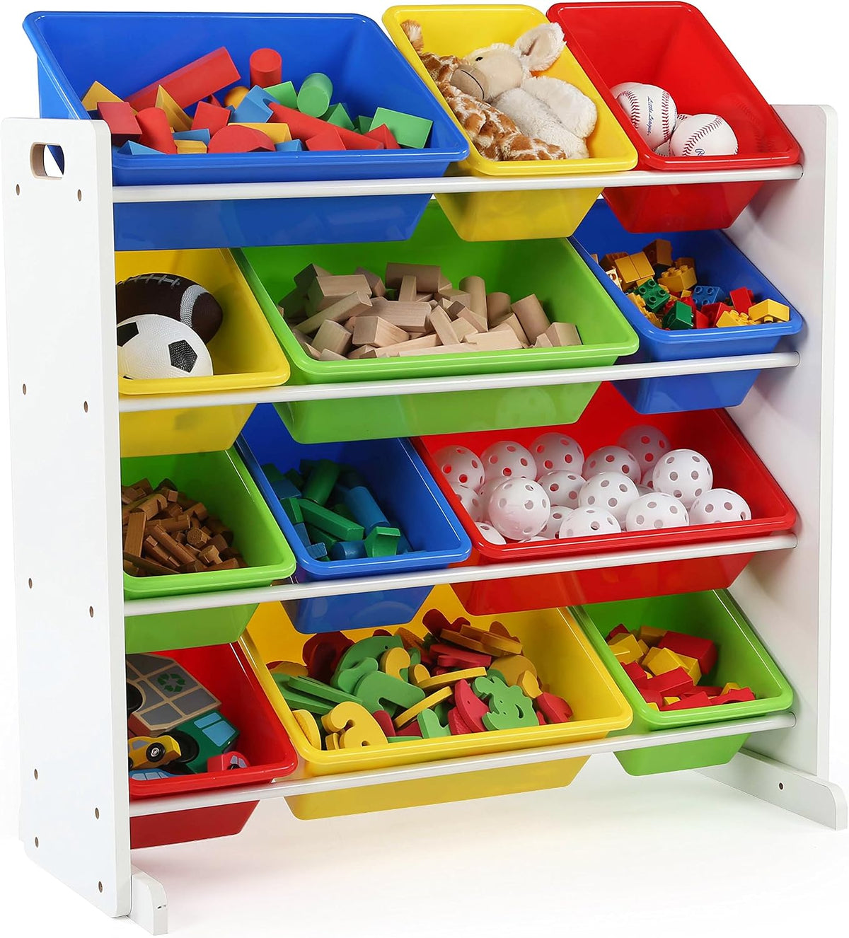 Humble Crew Kids Plastic 4 Set, Blue Table/Primary Chairs & White/Primary Kids' Toy Storage Organizer with 12 Plastic Bins