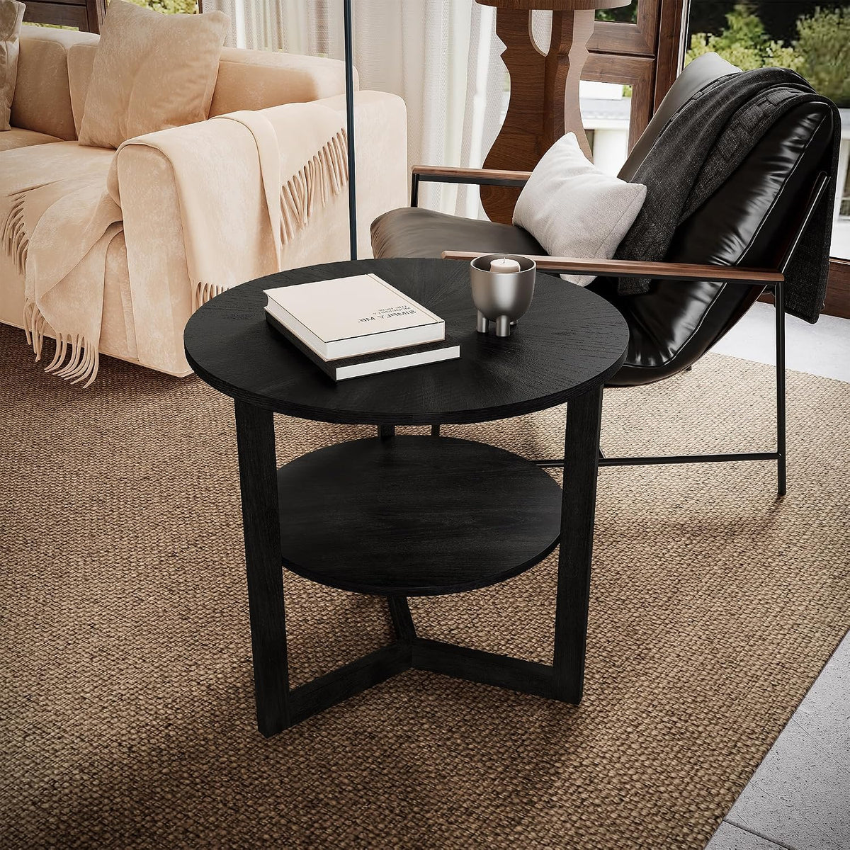 Round End Table, Farmhouse Side Table with Solid Wood Criss-Cross Legs for Small Space, Circle Beside Table with 2 Storage Shelves , SofaTable for Living Room, Bedroom, Nightstand, Black CJZ