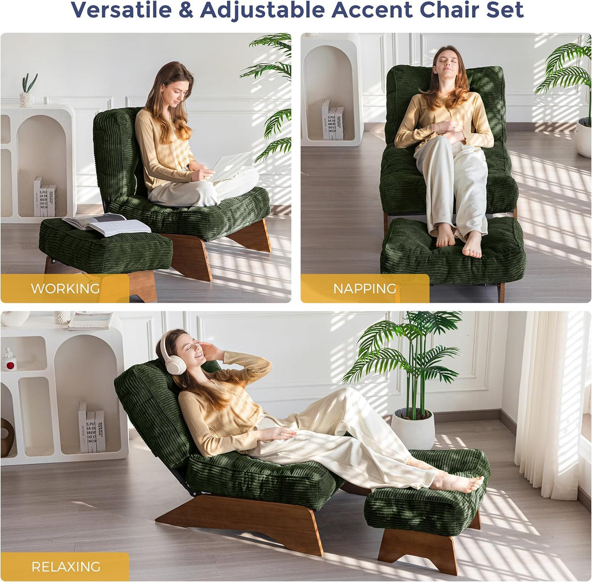 MAXYOYO Accent Chair with Ottoman, Lounge Chair with Adjustable Backrest | Tufted Living Room Chair Upholstered Lounge Chair with Footrest Set, Modern Chair for Reading Room, Green