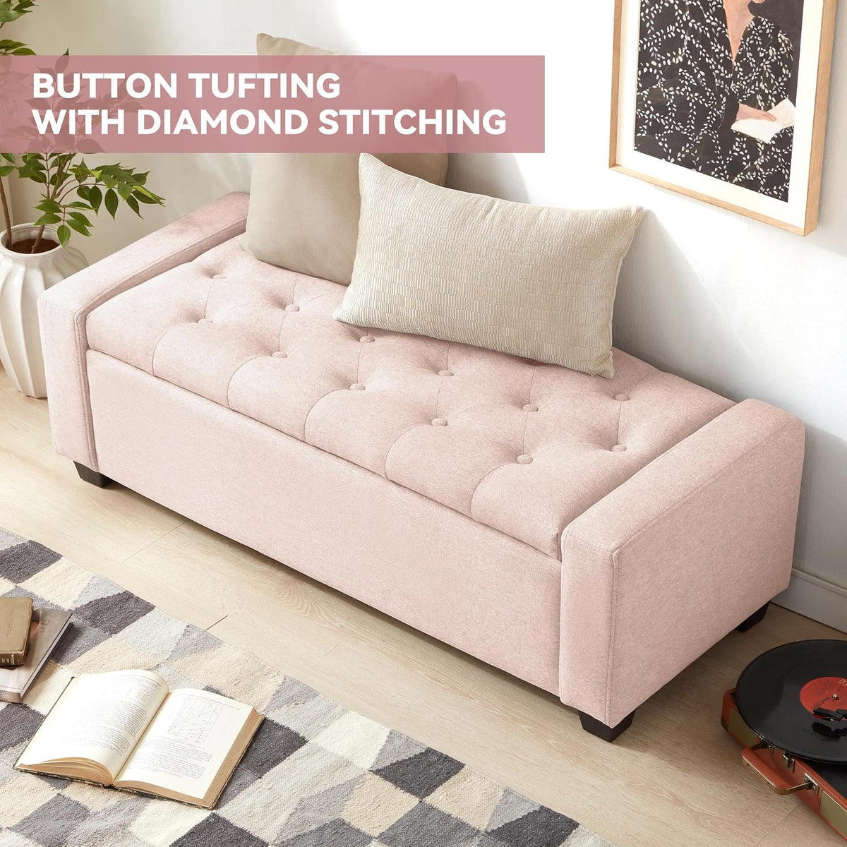 Mangodan 48" Ottoman with Storage, Soft Storage Ottoman Bench for Bedroom, Tufted Upholstered Window Benches, End of Bed Bench for Living Room, Entryway Bench with Seating, Foot Rest, Pink