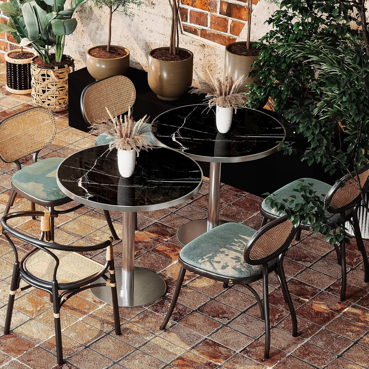 31.5" Tulip Table, Small Round Dining Table with 1.2" Thick Sintered Stone Tabletop and Silver Metal Pedestal Base, Bistro Table for Diner, Restaurant, Café, Bakery, Apartment (Marble Black Silver)