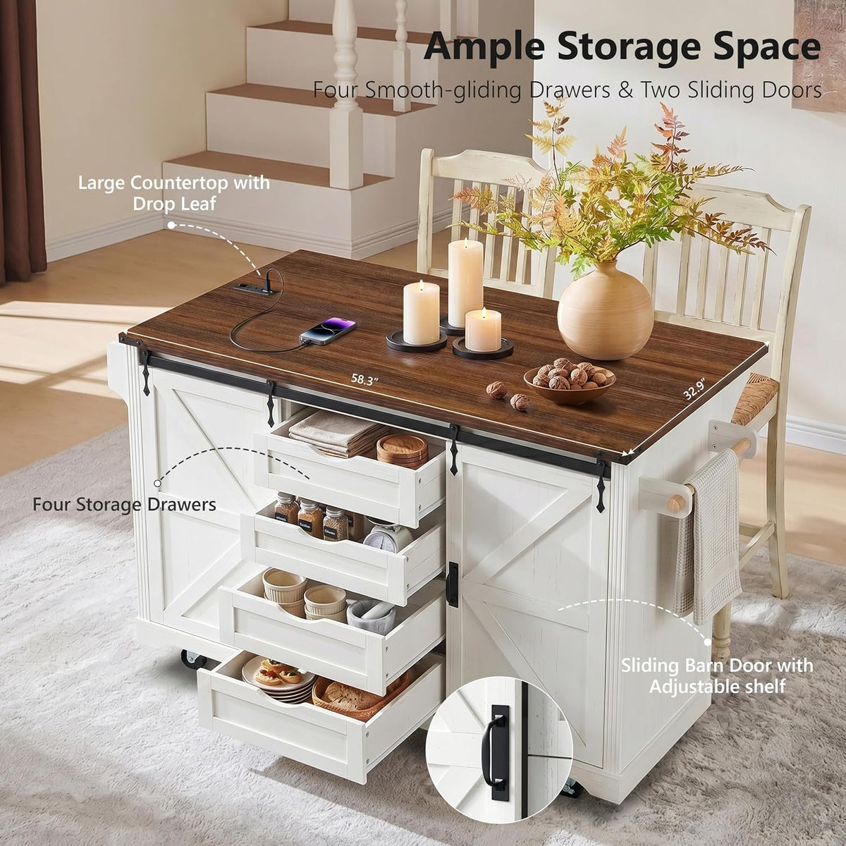 72" Rolling Kitchen Island with Mini Fridge Space & Power Outlet,White | Farmhouse Kitchen Cart Cabinet with Drop Leaf Table, 4 Drawers, Sliding Barn Doors & Wine Glass Holder