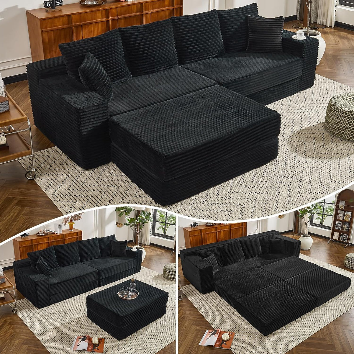 106" Modular Cloud Sofa Couch Convertible Sectional with High Density Foam, 4-in-1 Sofa Bed/Tatami/L-Shape Couch, No Assembly Required Black Couch