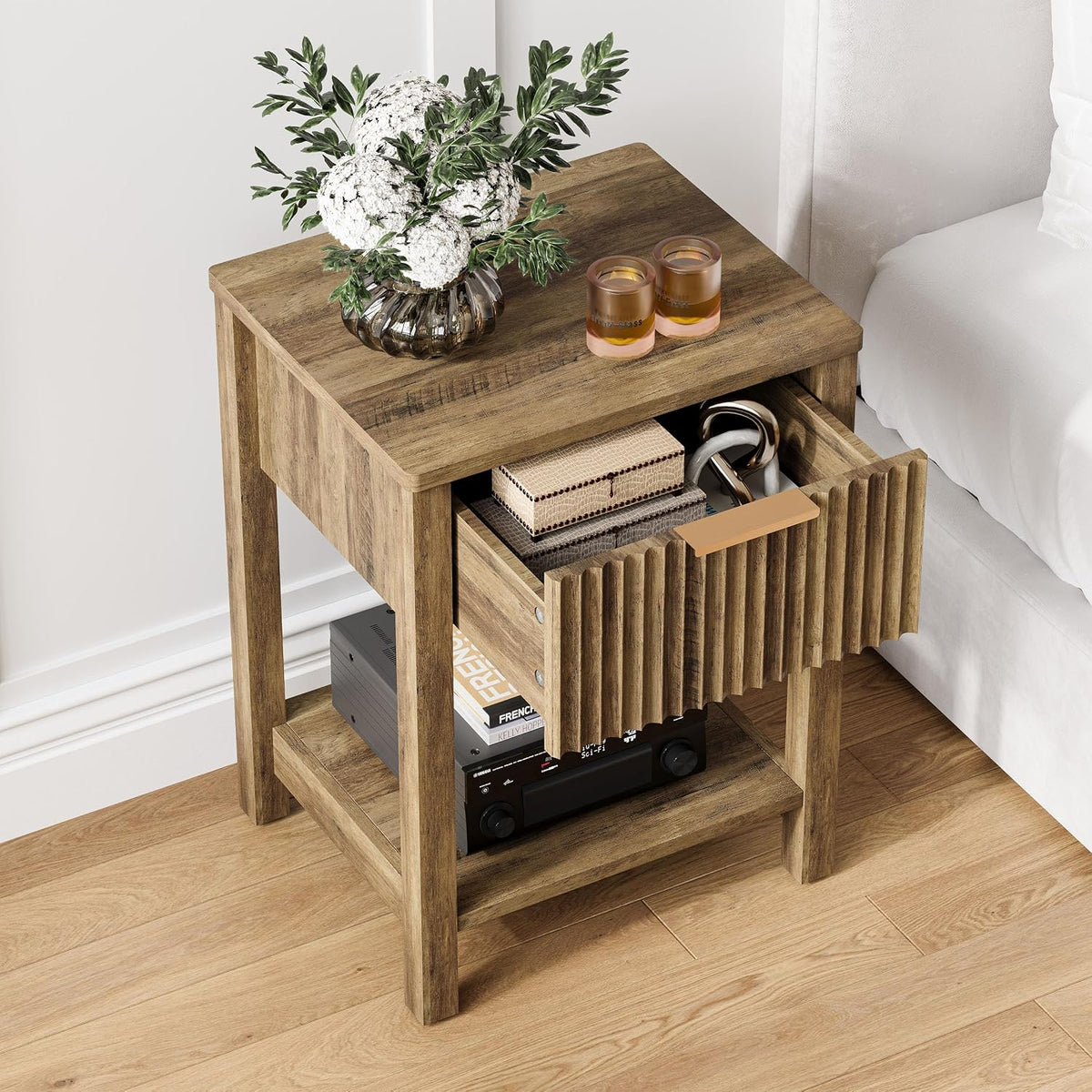 Fluted Nightstands Set of 2, Farmhouse Wood End Table with Drawer, Modern Beside Table with Open Storage Shelf, Small Side Table Organizer for Couch Bedroom Living Room(2, Brown) BNS102YW-2
