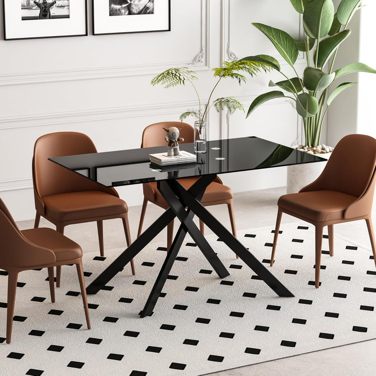 51.2" Glass Dining Table for 2-4 People, Modern Kitchen Table with Black Chromed Legs, Rectangular Dinner Table for Small Space, Apartment, Office, All Black