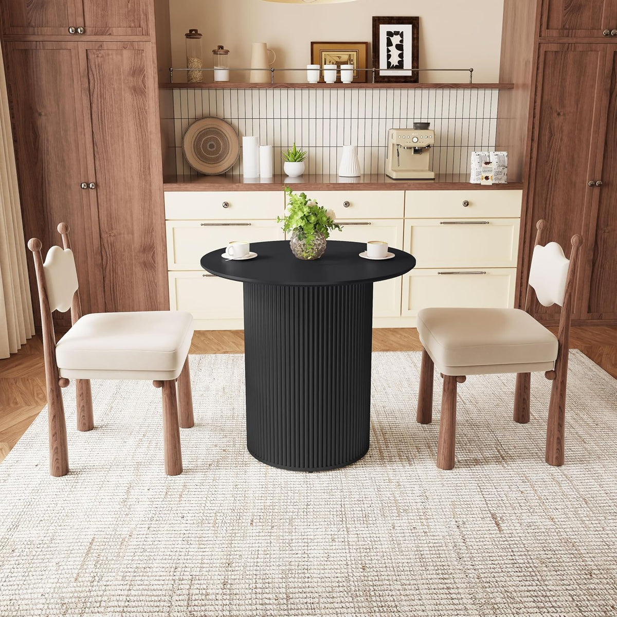 31.5 inch Round Dining Table for 2, Farmhouse Wood Fluted Dinner Round Kitchen Table with Wood Fluted Base, Mid-Century Modern Small Circle Dining Room Ta ble for Kitchen Living Room (Black)