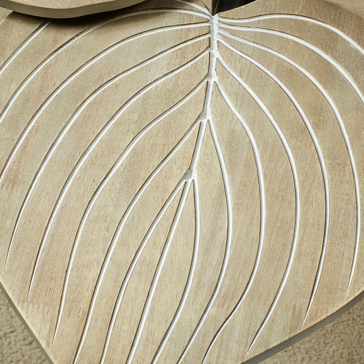 Delft Isle Natural-Inspired Shaped Accent Table | Neutral Almond Finish with Whitewash Detailing | Three-Tiered Leaf Tabletop with Veining | Black Tripod Metal Legs | Whimsical Leaves Wood Furniture