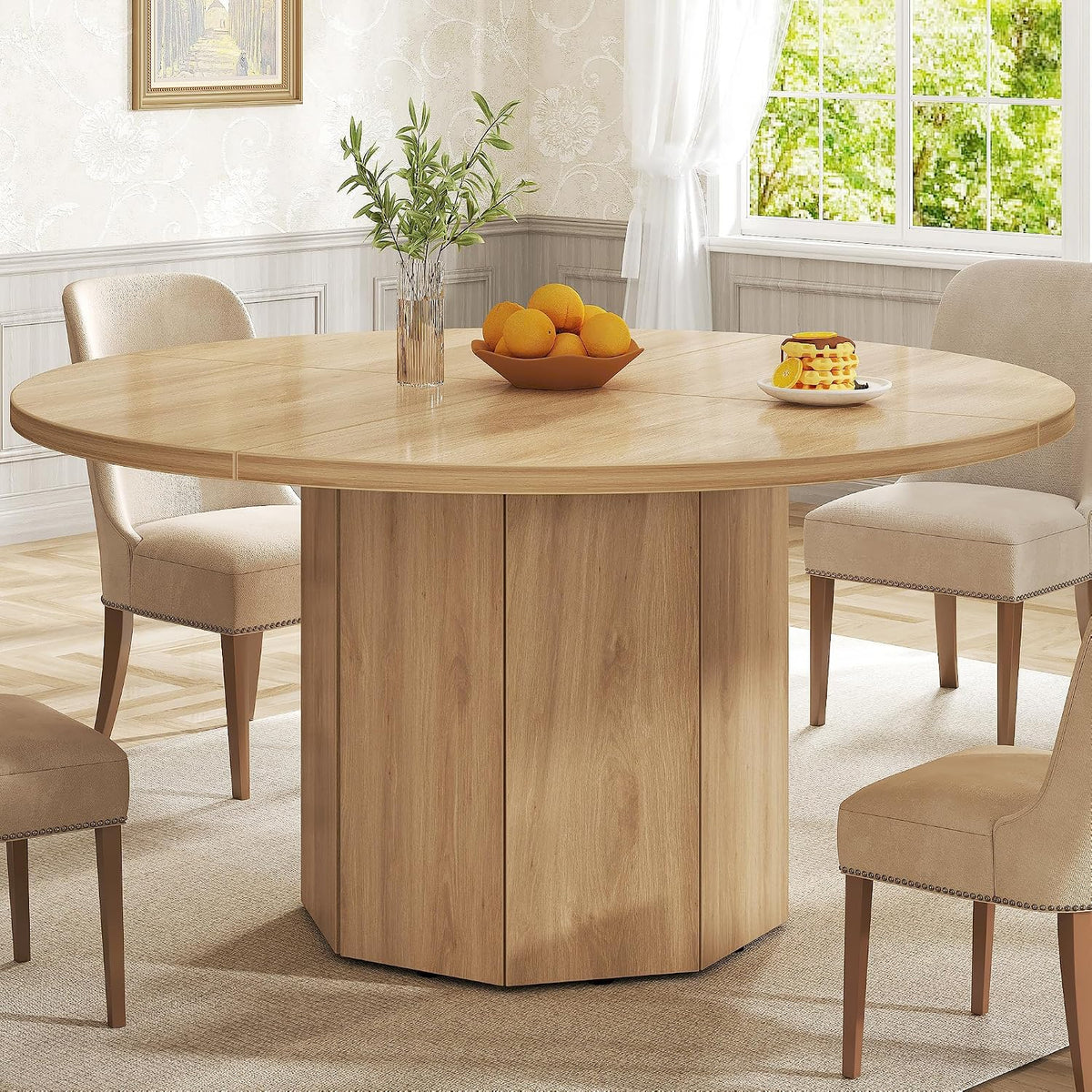 HSH 47” Round Dining Table for 4, Modern Farmhouse Wood Dinner Table with Octagon Pedestal Base, Circular Kitchen Dining Room Table for Home Apartment Living Room, Light Oak