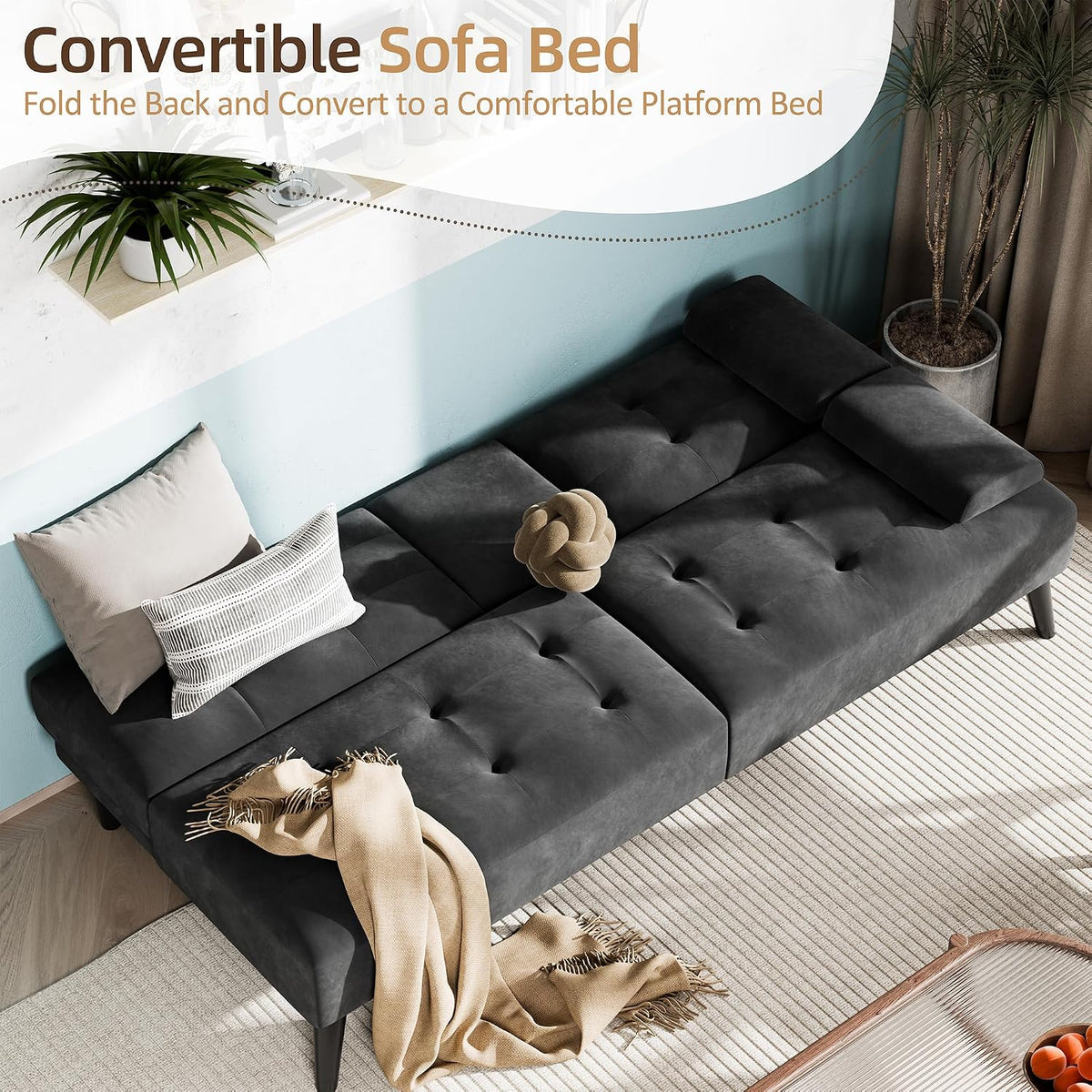 Shintenchi 64" Futon Sofa Bed, Velvet Foldable Couch, Upholstered Loveseat Sofa Couch with Folding Cup Holders, Reclining Sleeper with Removable Armrests for Home, Office, Black