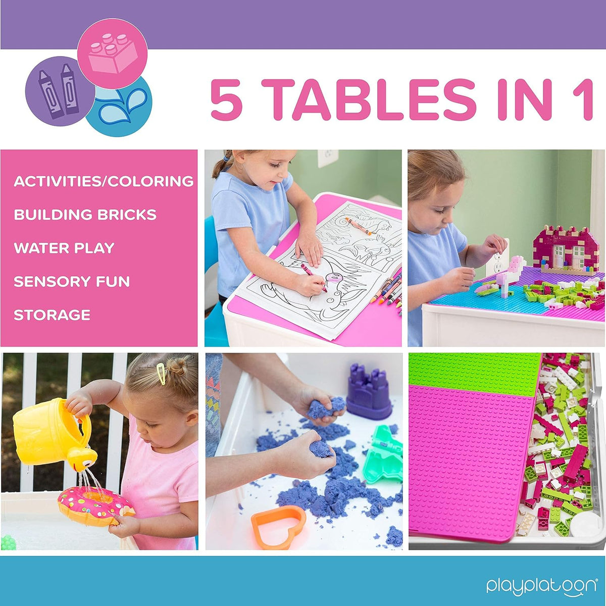 Play Platoon Kids Activity Table Set, Pastel, Building Brick Table | 2 Chairs & Jumbo Bricks Included, Compatible with All Major Brands