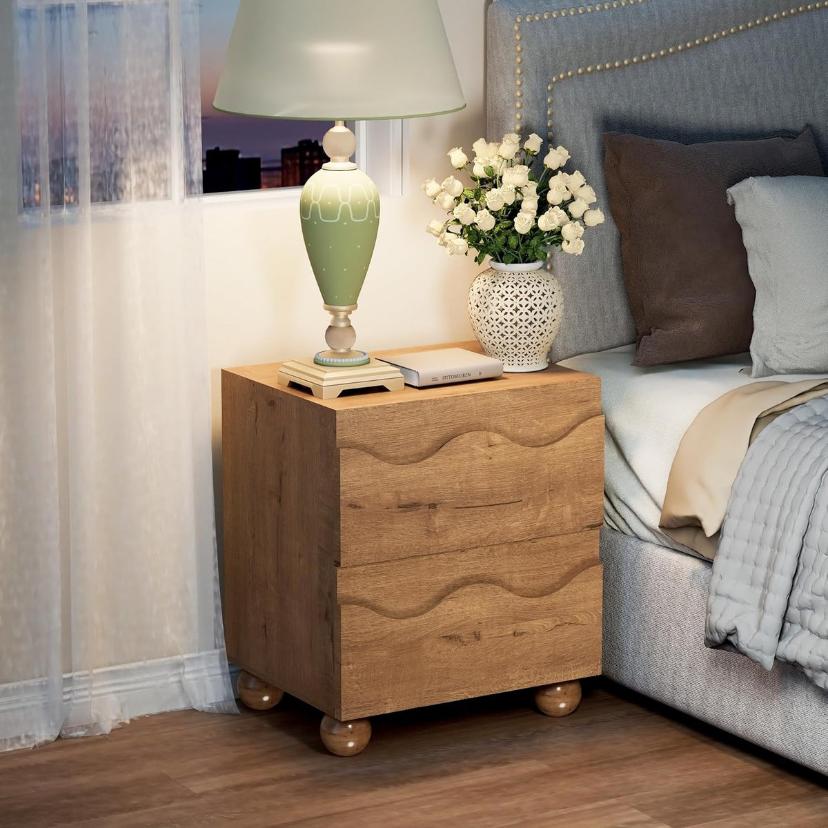 Anbuy Scalloped Nightstand for Bedroom with 2 Drawers, Modern Night Stand with Hidden Handle, Wooden End Table, Fluted Wood Bedside Table for Living Room, Natural Oak