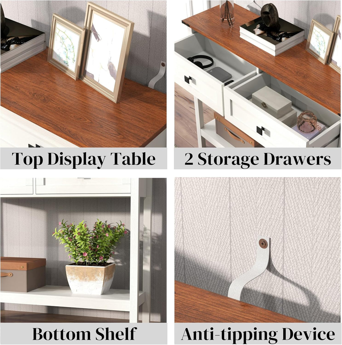 Knocbel Small Console Table with 2 Drawers with Metal Handles, Farmhouse Side Tables with Brown Woodgrain Top and Bottom Shelf for Entryway Living Room, 39.37" W x 11.61" D x 32.08" H, Antique White