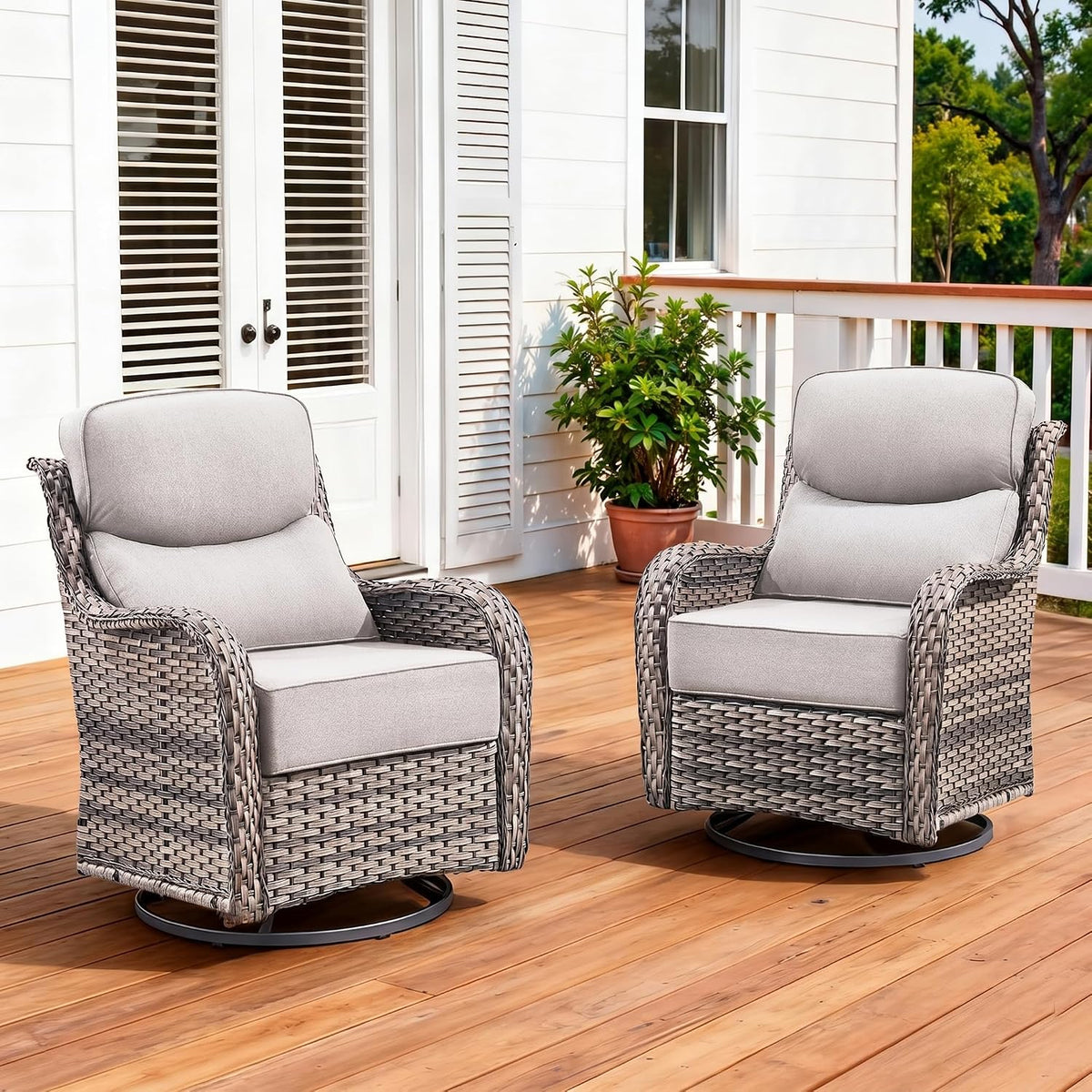 Luxury Outdoor Swivel Rocker Patio Chairs Set of 2 with 6-Inch Thick Cushions, High Back Swivel Patio Chairs Wicker Outdoor Gliders for Porch, Yard, Deck, Poolside, Grey/Beige